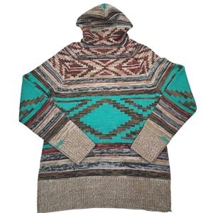 Nostalgia Southwestern Geometric Knit Hoodie Sweater Turquoise Rust NH932 Large